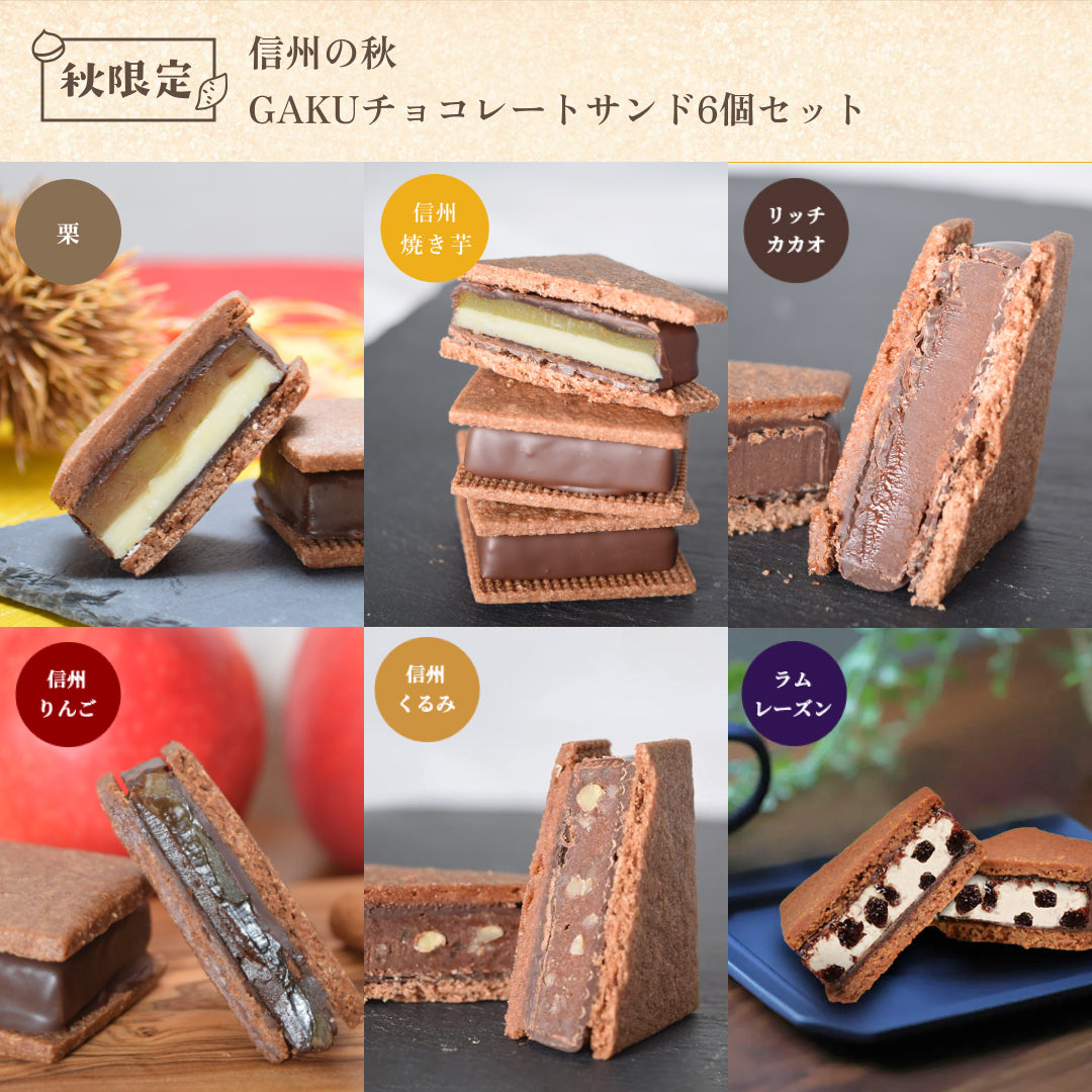 【信州の秋】GAKUチョコレートサンド6個セット(リッチカカオ・信州くるみ・信州りんご・ラムレーズン・信州焼き芋・栗 各1個入)