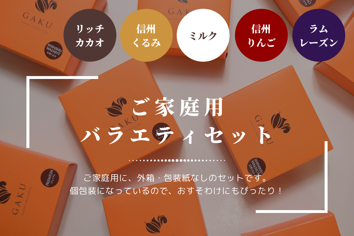【ご家庭用に!】GAKUチョコレートサンド12個(リッチカカオ・ミルク各3個、信州くるみ・信州りんご・ラムレーズン各2個入)