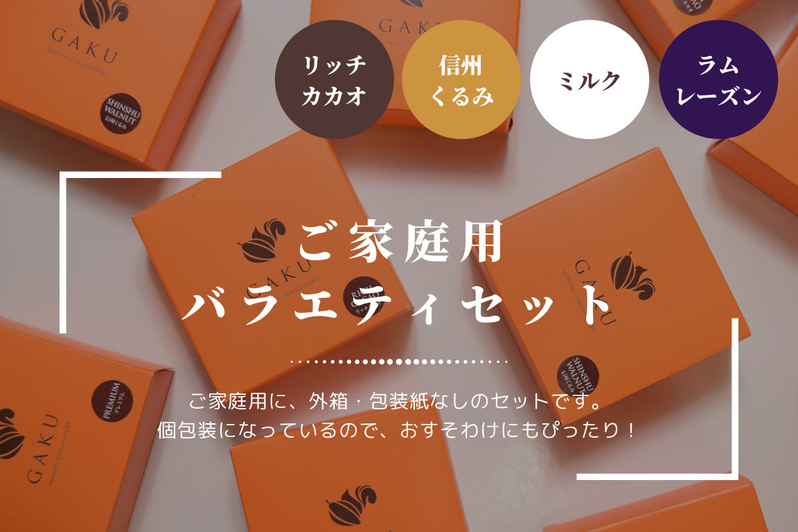 【ご家庭用に!】GAKUチョコレートサンド12個(リッチカカオ6個・ミルク・信州くるみ・ラムレーズン各2個入)