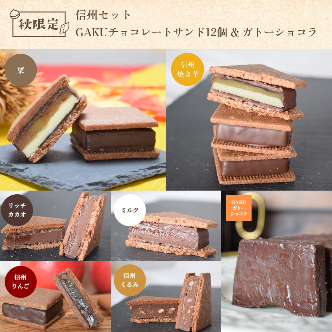 【送料無料】【信州セット】GAKUチョコレートサンド 12個(リッチカカオ・ミルク・信州くるみ・信州りんご・栗・信州焼き芋 各2個) &ガトーショコラ