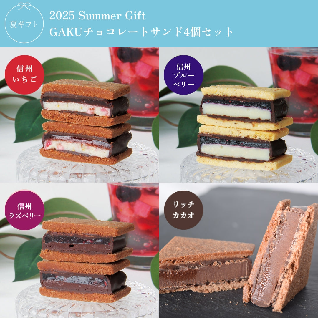 GAKUチョコレートサンド4個セット（リッチカカオ・信州いちご・信州ブルーベリー・信州ラズベリー）