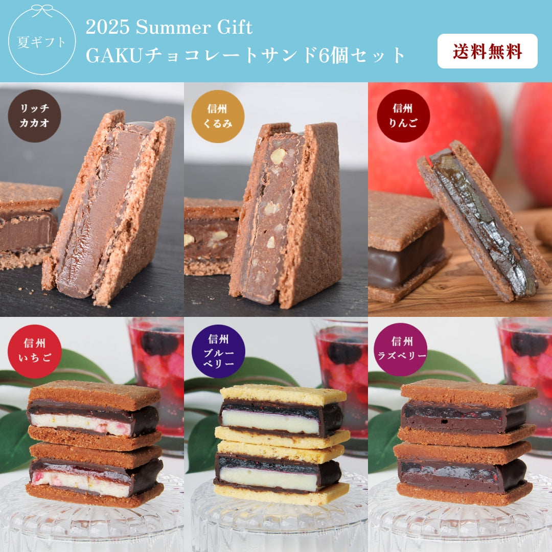 【お中元ギフト/送料無料】GAKUチョコレートサンド6個セット（リッチカカオ・信州くるみ・信州りんご・信州いちご・信州ブルーベリー・信州ラズベリー）