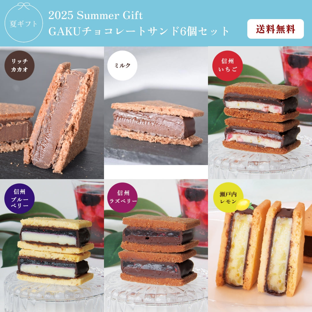 【お中元/送料無料】GAKUチョコレートサンド6個セット（リッチカカオ・ミルク・信州いちご・信州ブルーベリー・信州ラズベリー・瀬戸内レモン）