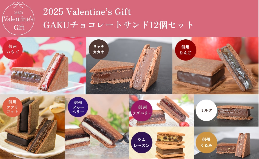 【2025 Valentine's Day】GAKUチョコレートサンド12個セット（リッチ・信州いちご・信州りんご各2個・信州アプリコット・信州ブルーベリー・信州ラズベリー・ミルク・信州くるみ・ラムレーズン）