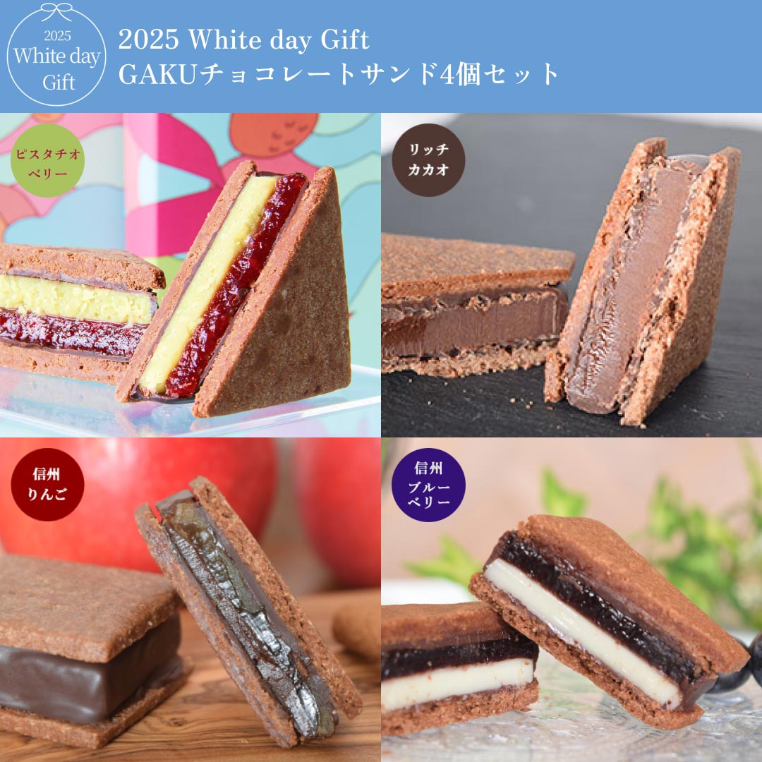 【2025 White Day】GAKUチョコレートサンド4個セット（リッチカカオ・ピスタチオベリー・信州りんご・信州ブルーベリー 各1個）