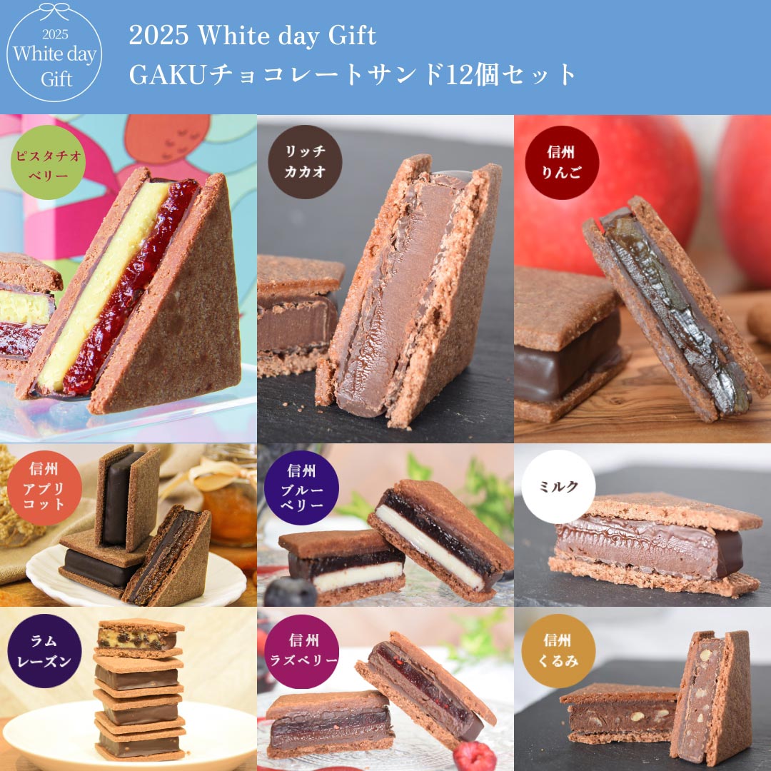 【2025 White Day】GAKUチョコレートサンド12個セット（リッチカカオ・ピスタチオベリー・信州りんご 各2個、信州アプリコット・信州ブルーベリー・信州ラズベリー・ミルク・信州くるみ・ラムレーズン 各1個）