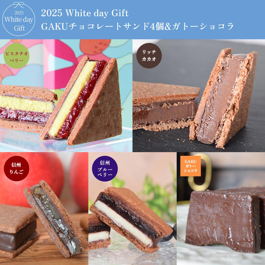 【送料無料】【2025 White Day】GAKUチョコレートサンド4個セット （リッチカカオ・ピスタチオベリー・信州りんご・信州ブルーベリー 各1個）＆ガトーショコラ