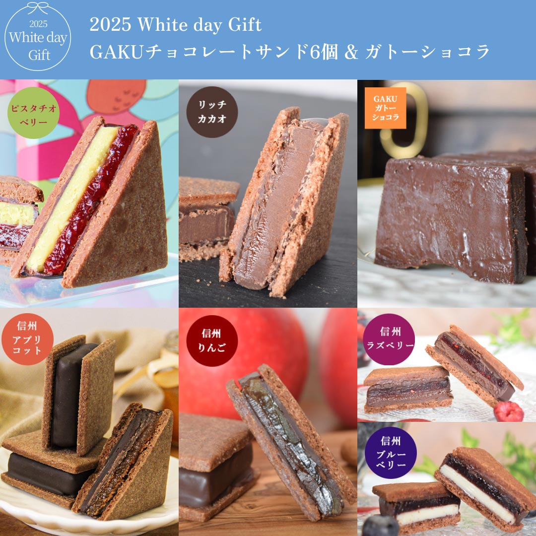 【送料無料】【2025 White Day】GAKUチョコレートサンド6個セット （リッチカカオ・ピスタチオベリー・信州りんご・信州アプリコット・信州ブルーベリー・信州ラズベリー各1個）＆ガトーショコラ