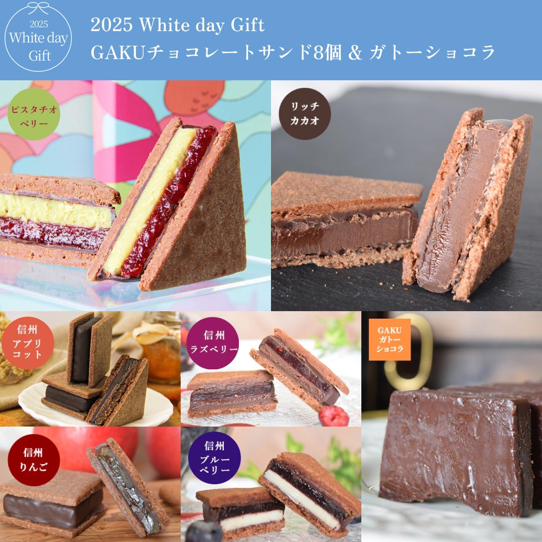 【送料無料】【2025 White Day】GAKUチョコレートサンド8個セット （リッチカカオ・ピスタチオベリー各2個、信州りんご・信州アプリコット・信州ブルーベリー・信州ラズベリー各1個）＆ガトーショコラ