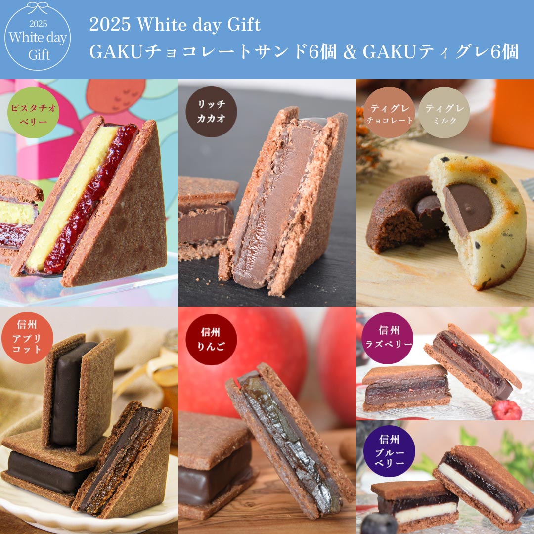 50箱限定【送料無料】【2025 White Day】GAKUチョコレートサンド6個セット （リッチカカオ・ピスタチオベリー・信州ブルーベリー・信州アプリコット・信州りんご・信州ラズベリー各2個）＆GAKUティグレ（チョコレート・ミルク各3個）