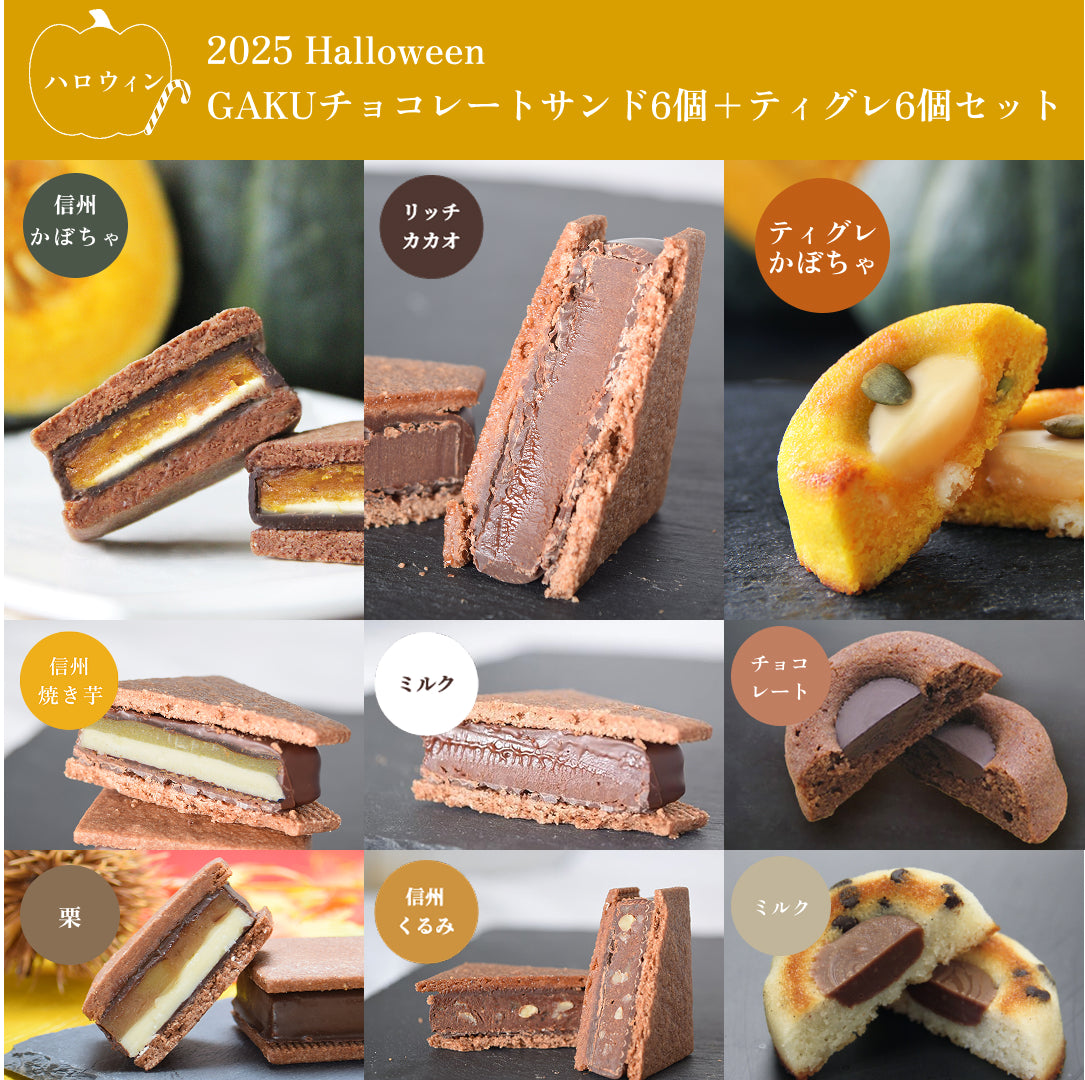 【ハロウィン12個セット】GAKUチョコレートサンド 6個（リッチカカオ・ミルク・信州くるみ・栗・信州焼き芋・信州かぼちゃ）＆GAKUティグレ 6個（チョコ・ミルク・かぼちゃ各2個）