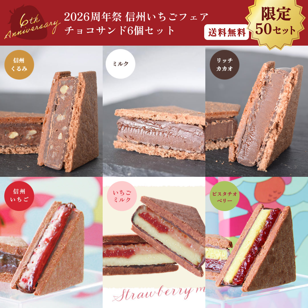 【限定50セット】【送料無料】【2026周年祭】信州いちごフェア チョコレートサンド6個セット（リッチカカオ・ミルク・信州くるみ・信州いちご・いちごミルク・ピスタチオベリー）