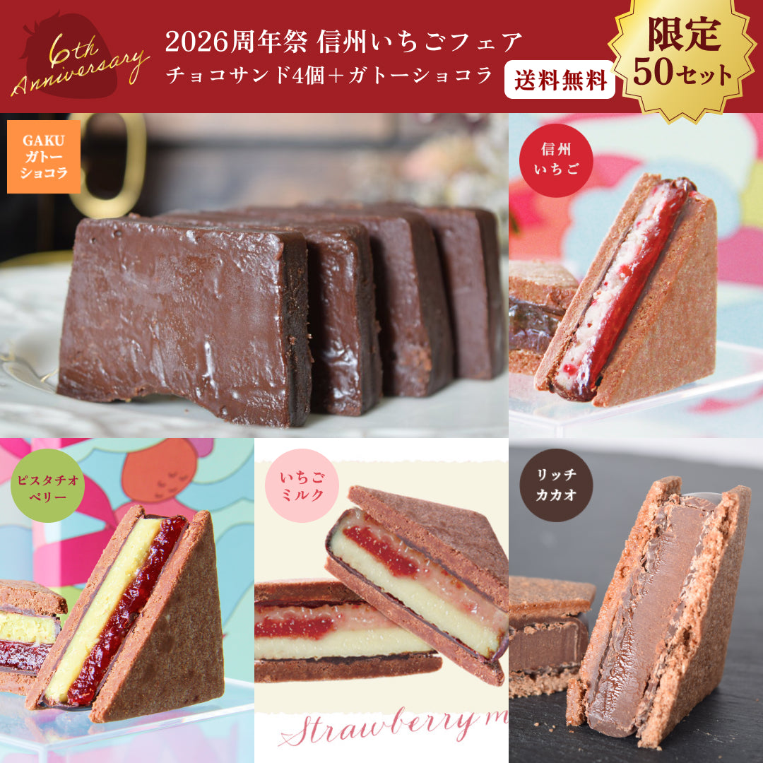 【限定50セット】【送料無料】【2026周年祭】 信州いちごフェア チョコレートサンド4個（リッチカカオ・ピスタチオベリー・いちごミルク・信州いちご）＆ガトーショコラセット