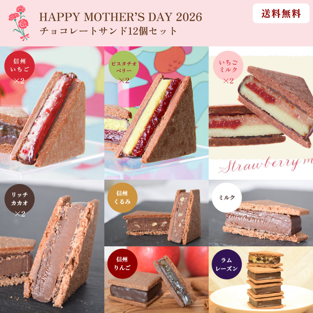 【母の日ギフト2026】【送料無料】チョコレートサンド12個セット（リッチカカオ2・信州いちご2・信州いちごミルク2・ピスタチオベリー2・ミルク・信州くるみ・信州りんご・ラムレーズン）