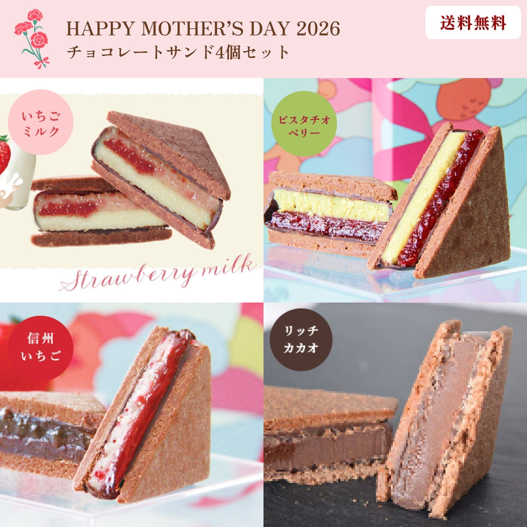 【母の日ギフト2026】【送料無料】チョコレートサンド4個セット（リッチカカオ・信州いちご・信州いちごミルク・ピスタチオベリー）