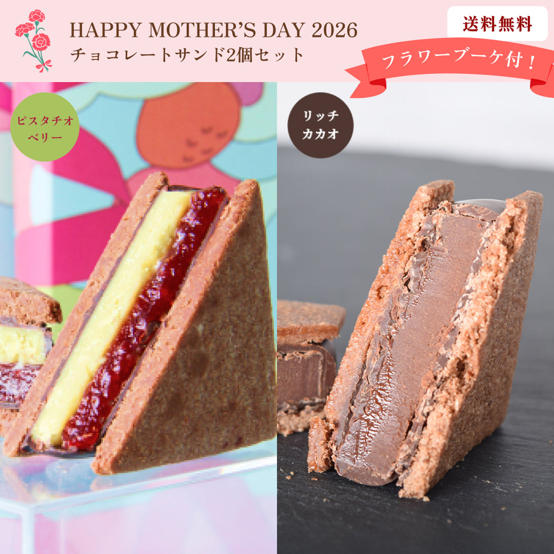 【母の日ギフト2026】【送料無料】フラワーブーケ付！チョコレートサンド2個セット（リッチカカオ・ピスタチオベリー）