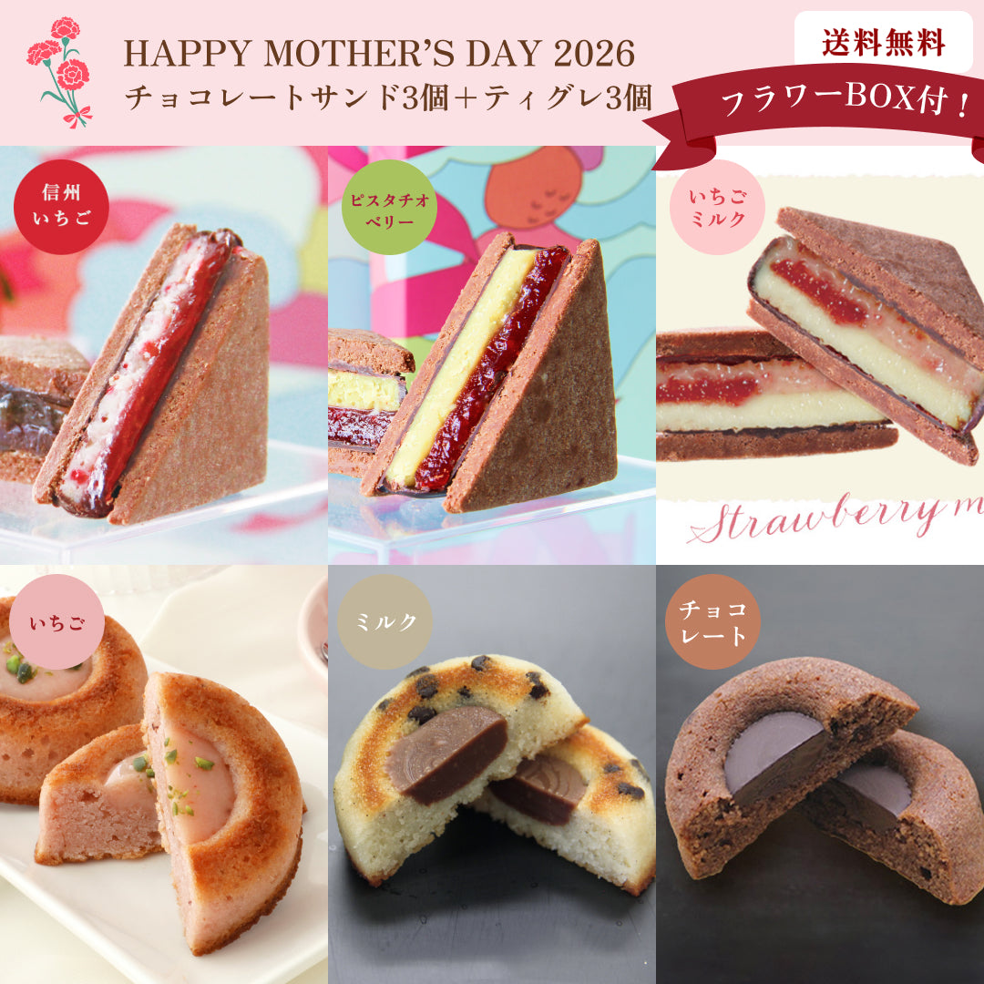 【母の日ギフト2026】【送料無料】フラワーBOX付！チョコレートサンド3個（信州いちご・信州いちごミルク・ピスタチオベリー） ＋ティグレ3個（チョコ・ミルク・いちご）セット