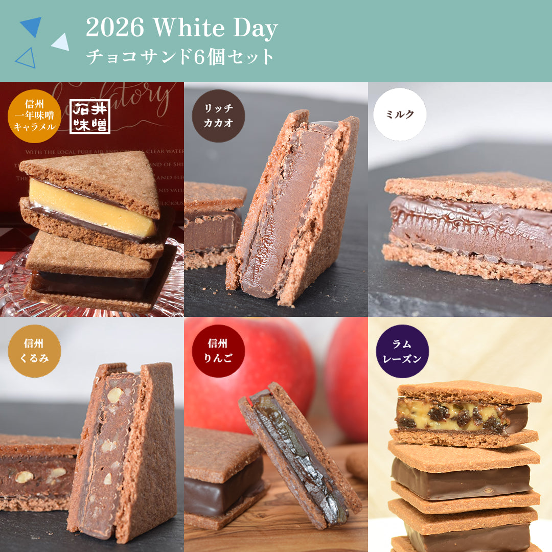 【2026 White's Day】GAKUチョコレートサンド6個セット（リッチカカオ・ミルク・信州くるみ・信州りんご・ラムレーズン・信州一年味噌キャラメル）
