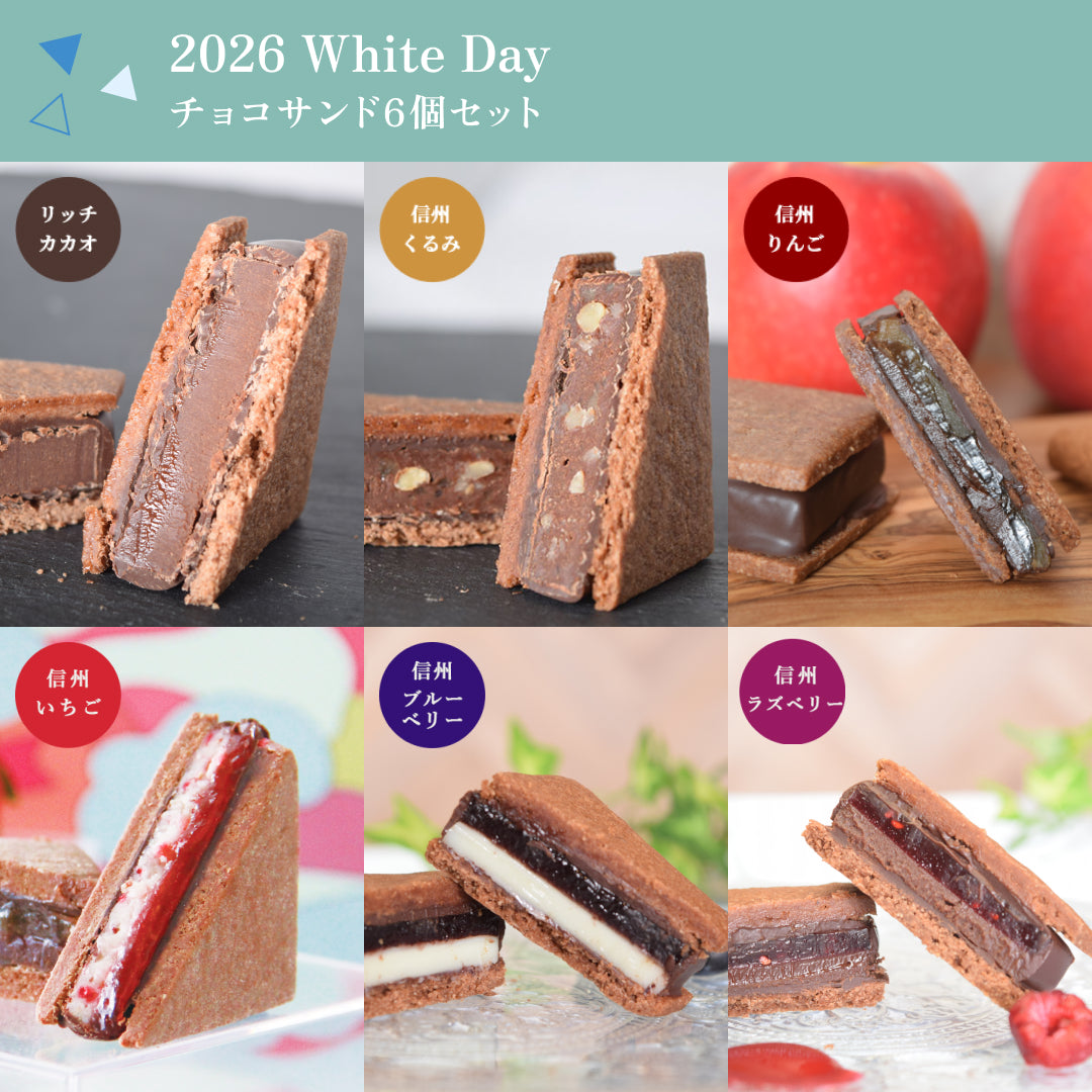 【2026 White's Day】GAKUチョコレートサンド6個セット（リッチカカオ・信州くるみ・信州りんご・信州いちご・信州ブルーベリー・信州ラズベリー）