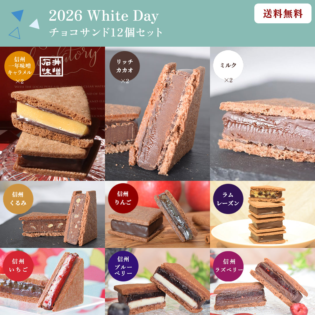 【送料無料】【2026 White's Day】GAKUチョコレートサンド12個セット（リッチカカオ2・ミルク2・信州一年味噌キャラメル2・信州くるみ・信州りんご・ラムレーズン・信州いちご・信州ブルーベリー・信州ラズベリー）