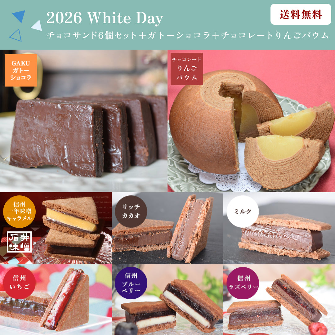 【送料無料】【2026 White's Day】GAKUチョコレートサンド6個（リッチカカオ・ミルク・信州一年味噌キャラメル・信州いちご・信州ブルーベリー・信州ラズベリー）＆ガトーショコラ＆チョコレートりんごバウムセット