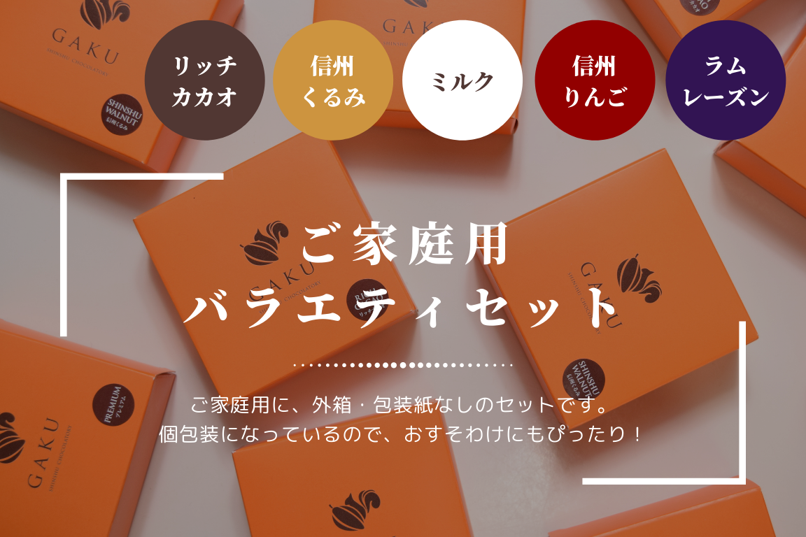 【ご家庭用に！】GAKUチョコレートサンド（リッチカカオ・ミルク各3個、信州くるみ・信州りんご・ラムレーズン各2個入）