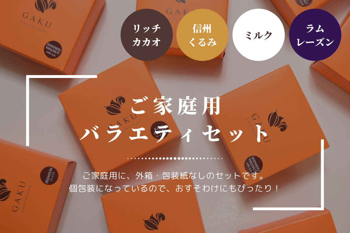 【ご家庭用に！】GAKUチョコレートサンド（リッチカカオ6個・ミルク・信州くるみ・ラムレーズン各2個入）